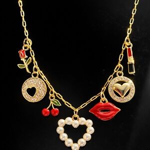 18k Gold Charm Necklace with Red Accents for Valentines Day!